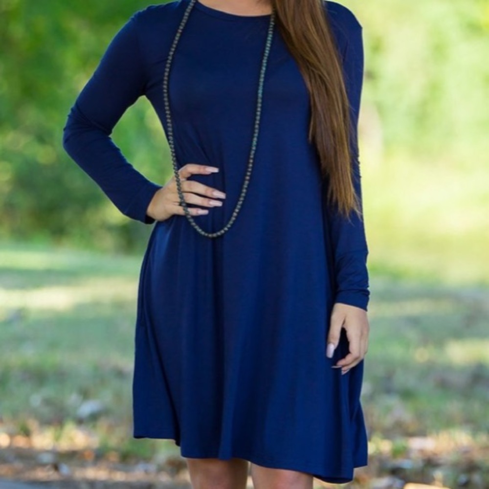 Navy Blue Long Sleeve Piko Dress